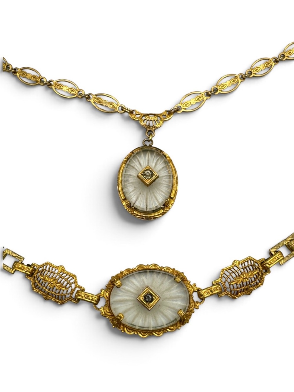 Vintage 1930s 40s PSCO Gold Plated Camphor Glass Necklace Bracelet Set 18.5”